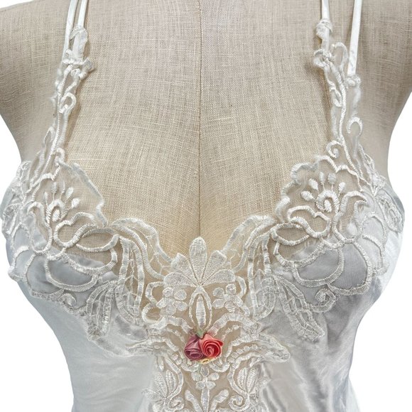 Vintage 70s 80s California Dynasty White Lace and Satin Rose Lingerie Slip Dress - Picture 3 of 8
